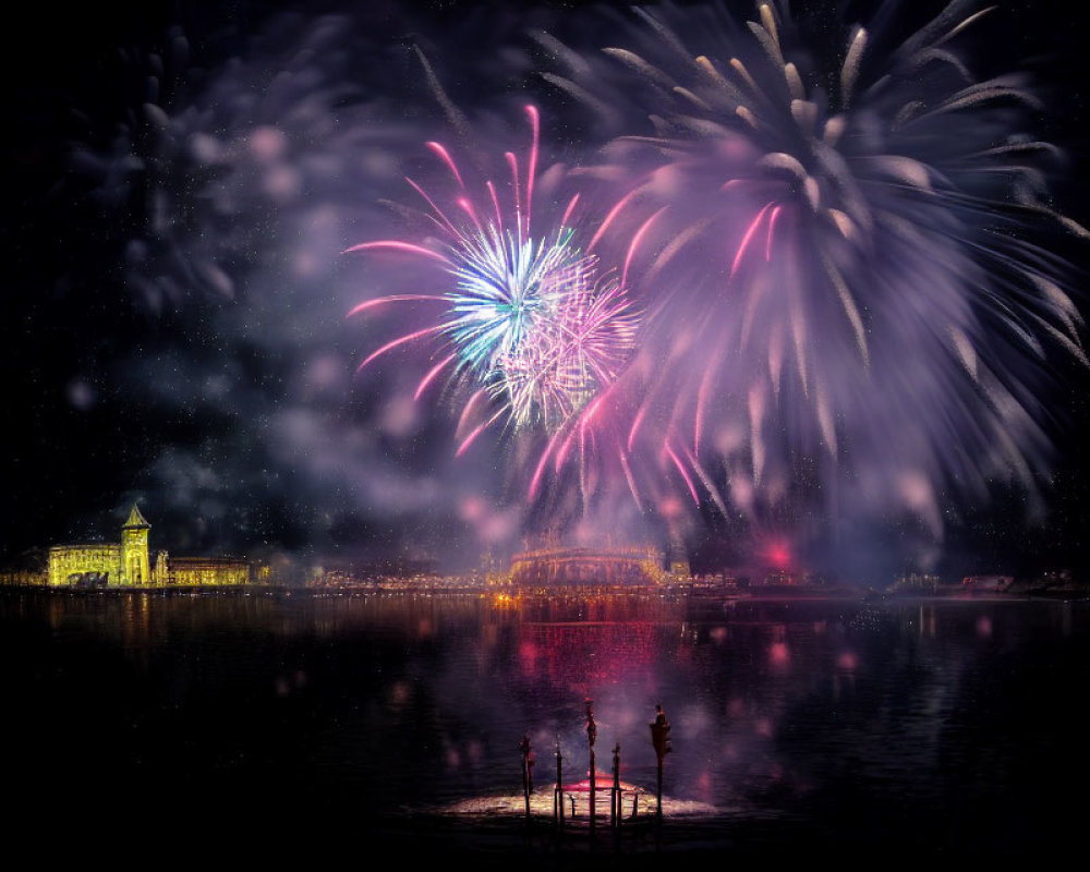 Colorful fireworks illuminate cityscape at night with reflections on water and historic buildings.