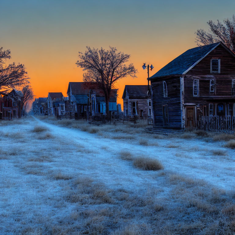 Abandoned village at dawn with frost-covered grass and dilapidated buildings