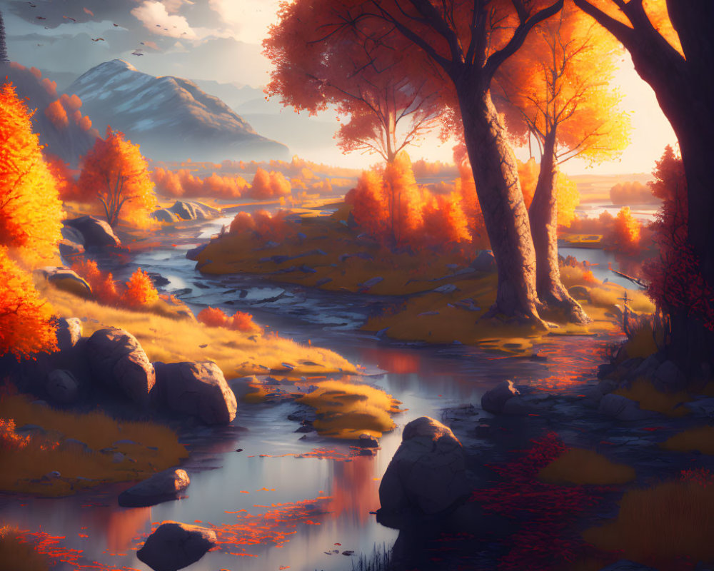 Fiery orange trees and stream in autumn landscape.