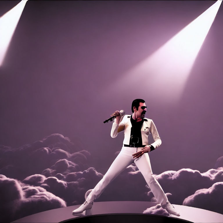 Mustachioed performer in white outfit sings under purple sky
