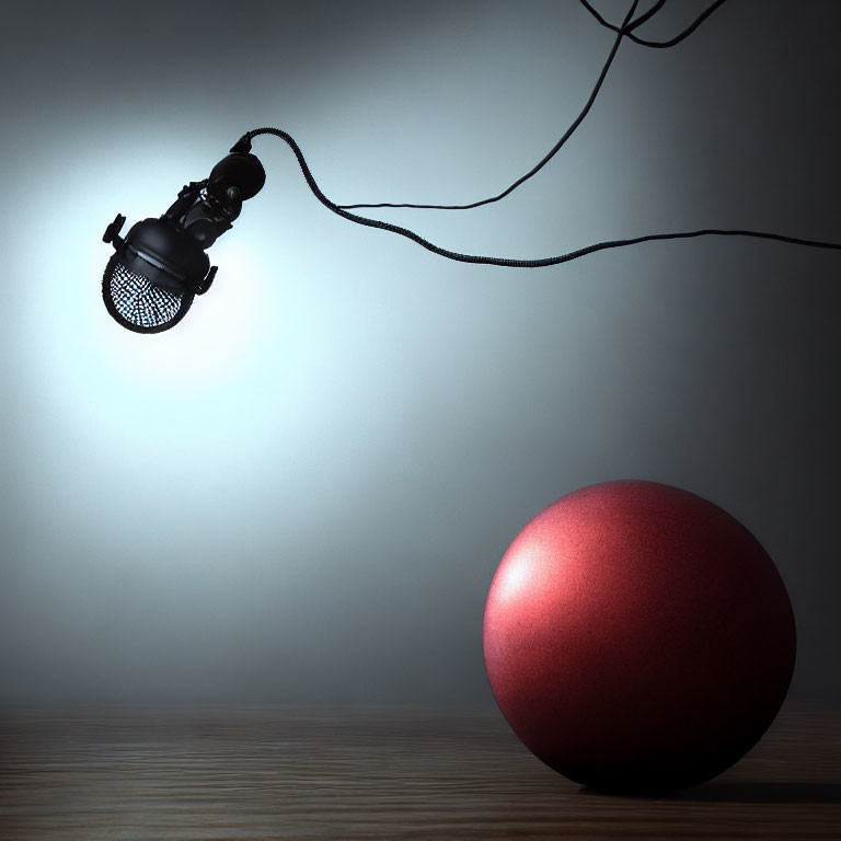 Red spherical object on wooden floor under single spotlight