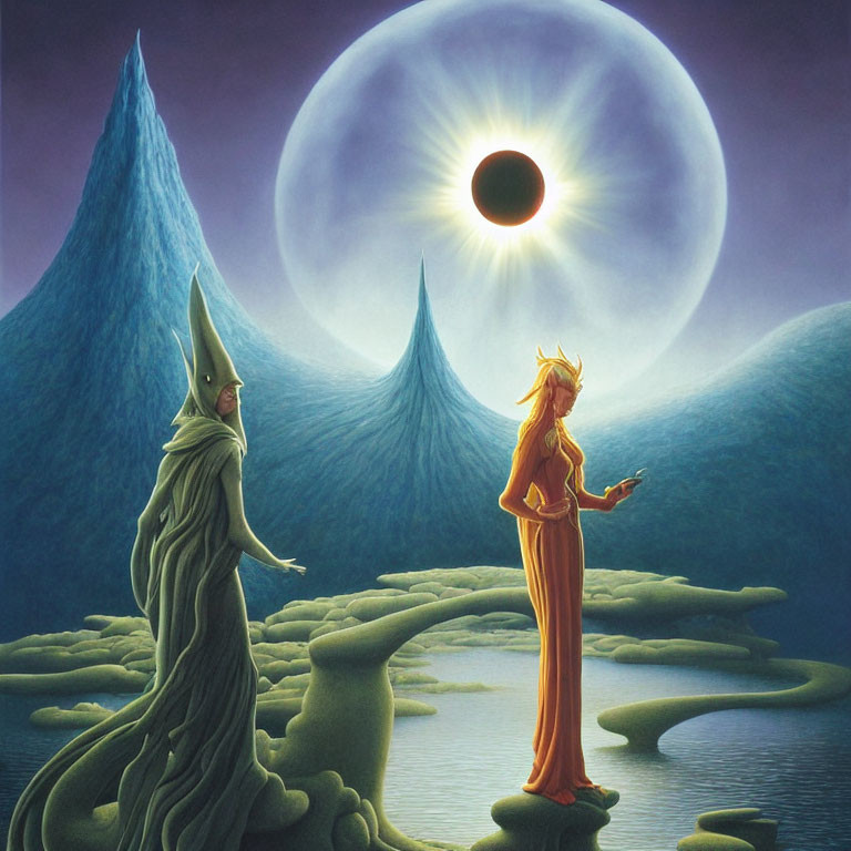 Ethereal figures in surreal landscape with blue mountains and eclipsed sun