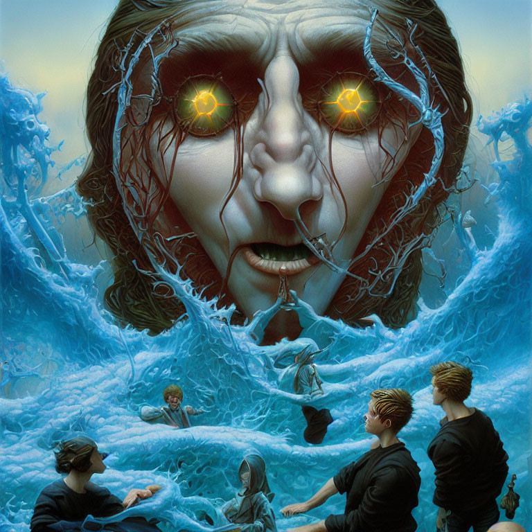 Surreal giant face and glowing eyes in ocean waves with people.