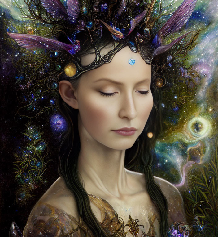 Cosmic-themed fantasy figure with closed eyes and celestial background