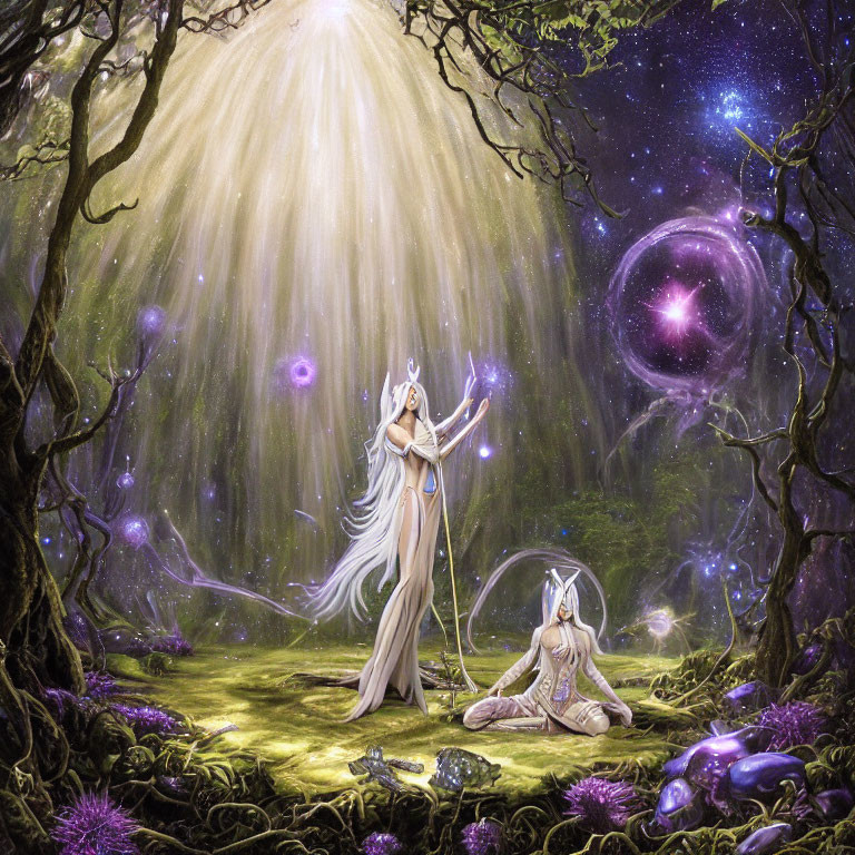 Ethereal fantasy scene with elf-like figures in luminous forest