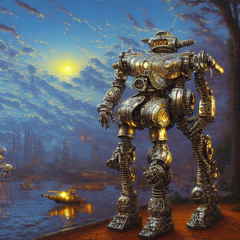Detailed robot in futuristic cityscape at dusk with waterways