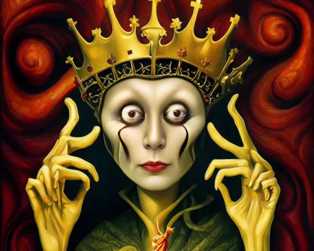 Surreal portrait featuring figure with pale face and golden crown