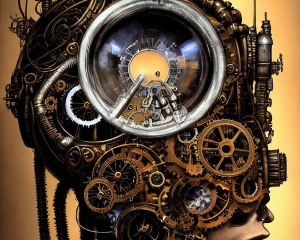 Steampunk-inspired artwork with person's head full of intricate gears and circular viewing lens