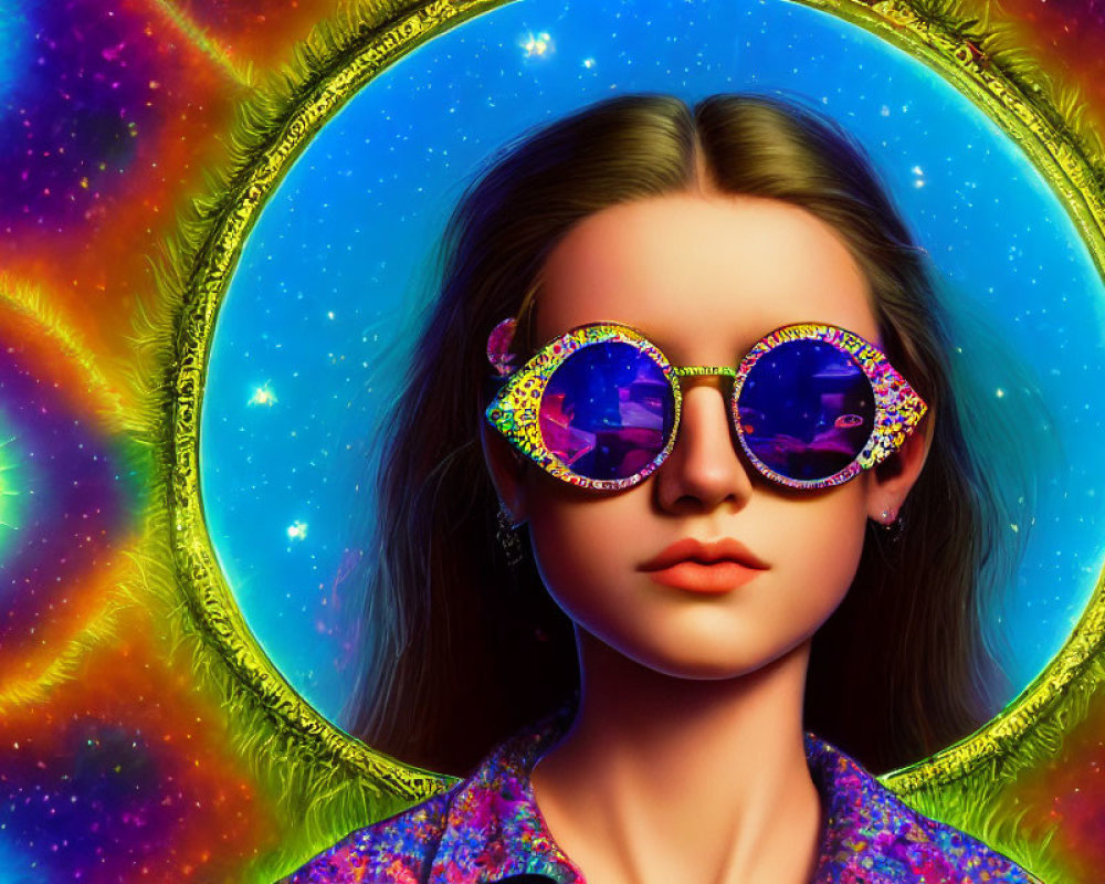 Colorful Illustration of Woman with Sunglasses in Cosmic Setting