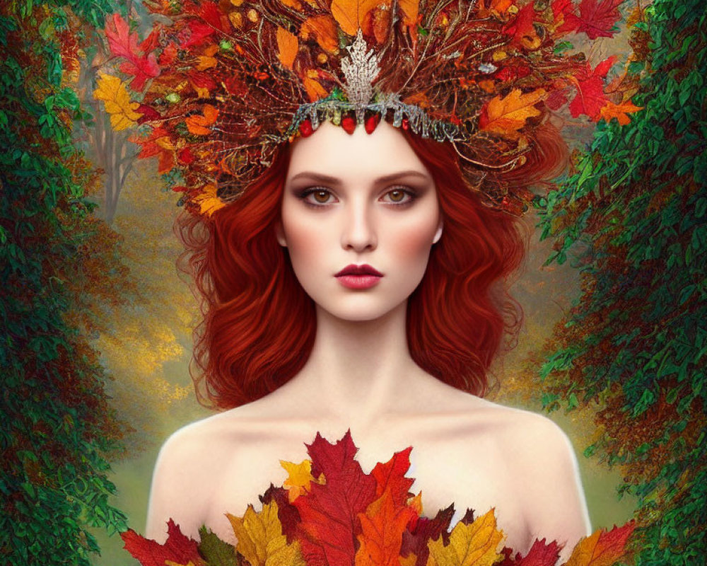 Red-Haired Woman Wearing Crown of Autumn Leaves