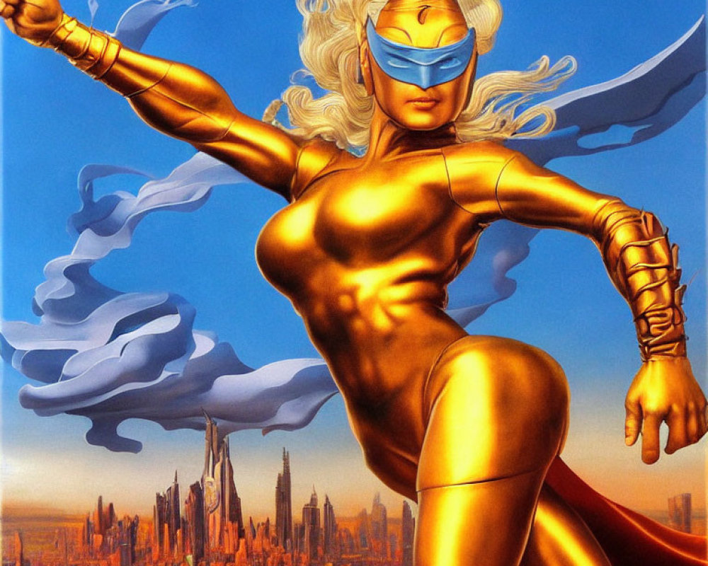 Golden-clad superheroine with blue mask and flowing white hair in cityscape backdrop.