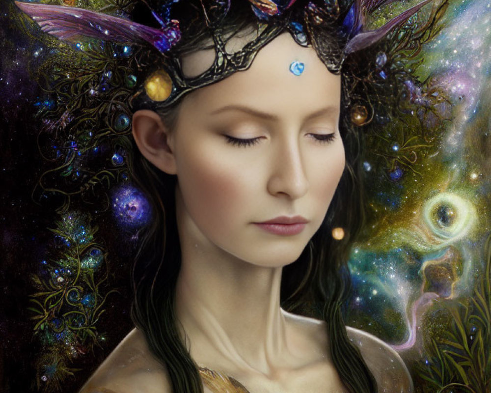 Cosmic-themed fantasy figure with closed eyes and celestial background