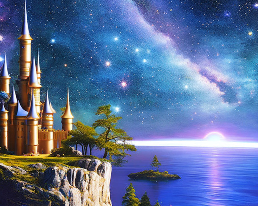 Fantasy castle on cliff overlooking starry night sky and serene ocean at sunrise