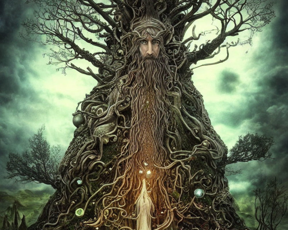 Tree with human-like face, intricate roots, lantern held by figure, stormy sky