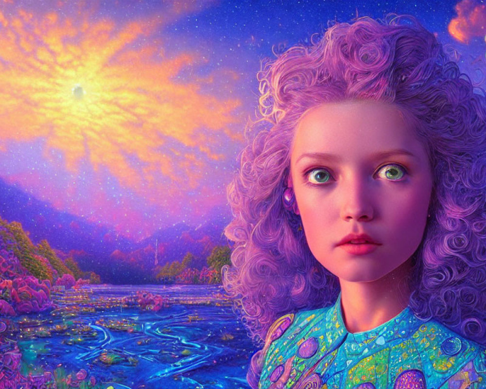 Colorful digital artwork of a girl with curly hair in a fantastical landscape