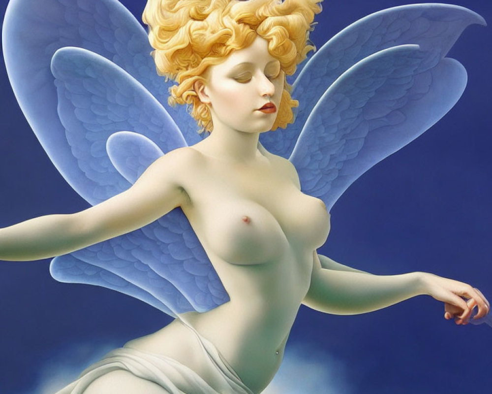 Ethereal female figure with blue wings and golden hair on blue background