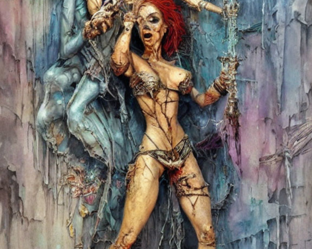 Skeletal figure embracing warrior woman with red hair in chaotic backdrop