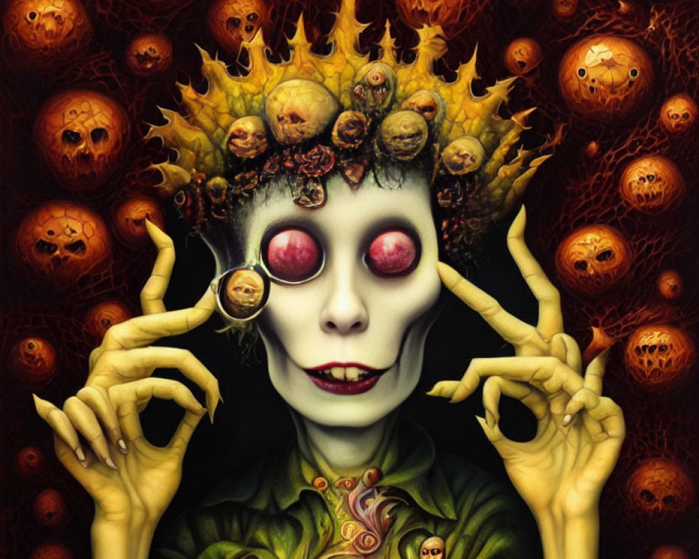 Surreal portrait of pale figure with red eyes and skull crown, orbs with faces.
