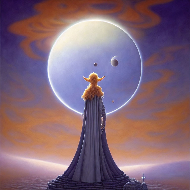 Woman in Long Dress Contemplating Moon in Surreal Landscape