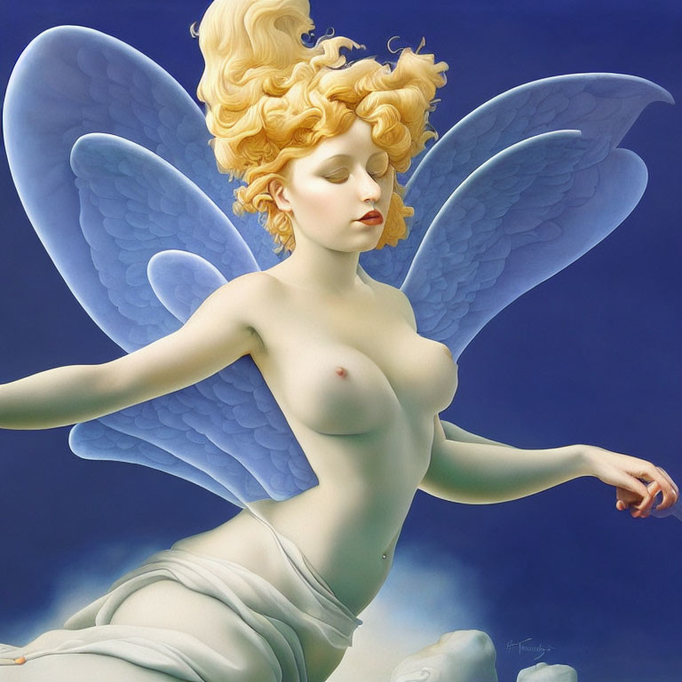 Ethereal female figure with blue wings and golden hair on blue background