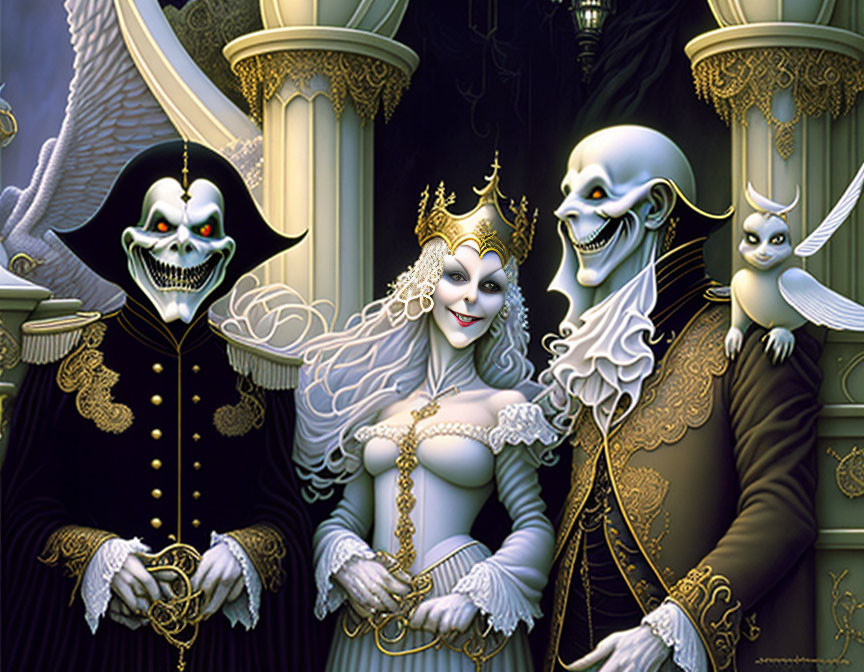 Eerie aristocratic figures in skull-like masks with small creature by columns