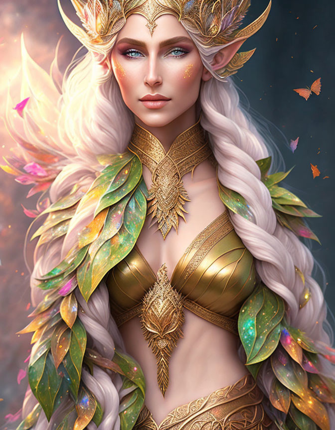 Fantasy female character with long white hair in golden armor and mystical butterflies.