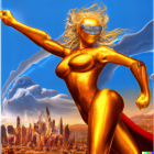 Golden-clad superheroine with blue mask and flowing white hair in cityscape backdrop.