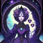 Illustrated mystical woman with crown, moon, trees, and leaves in purple setting