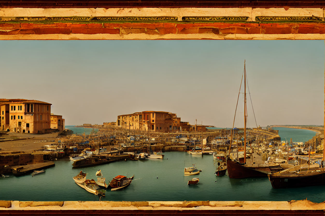 Bustling harbor scene with boats and old buildings framed by arched opening
