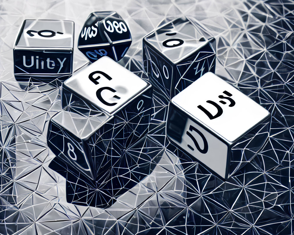 Geometric Patterned Background with Programming Symbols on Six-Sided Dice