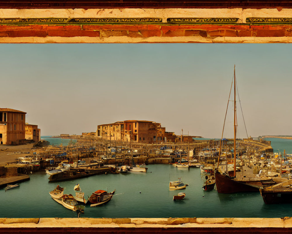 Bustling harbor scene with boats and old buildings framed by arched opening