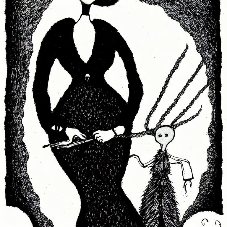 Monochrome drawing of humanoid figure playing flute with ominous shadow.