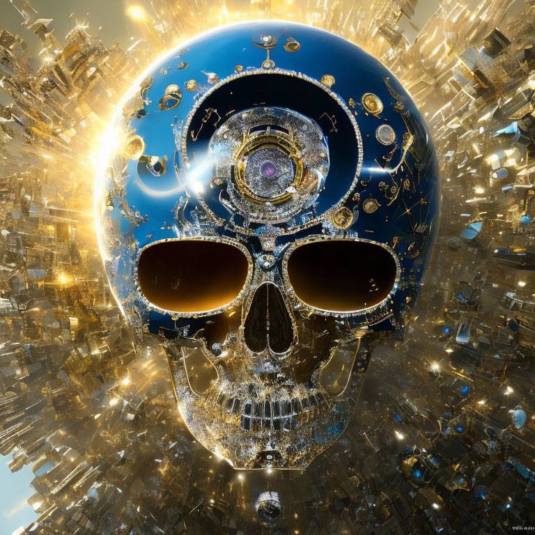 Fractal skull with blue surface and golden clockwork on geometric backdrop