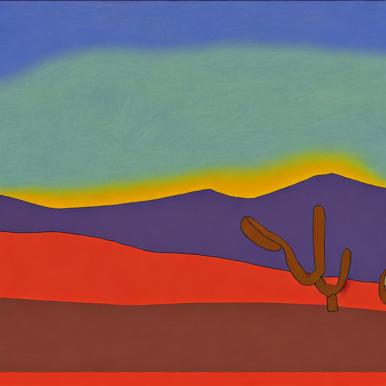Layered Horizontal Colors: Sky, Mountains, Desert, Stylized Cactus