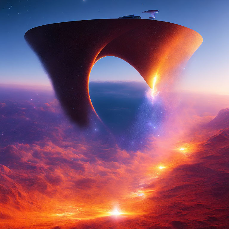 Surreal image of futuristic structure on red landscape