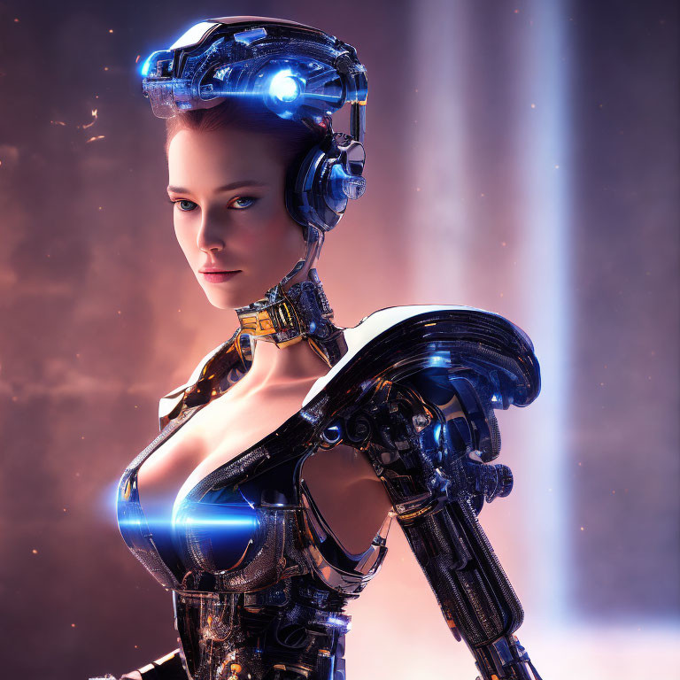 Female Android with Visible Mechanical Structure and Futuristic Blue-lit Headgear