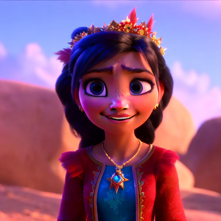 Young princess in tiara smiles in 3D desert scene.