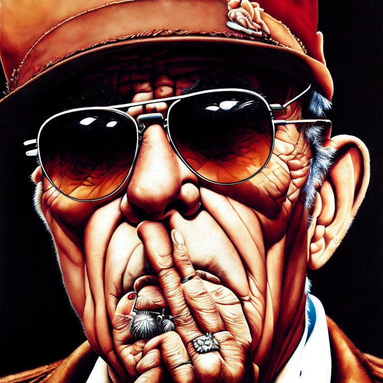 Detailed illustration: Elderly man in red cap, sunglasses, brown jacket, holding lit cigar.