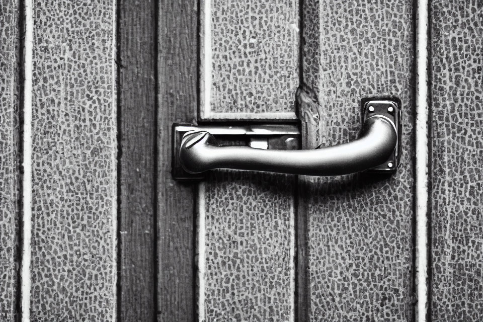 Monochrome image of textured door with metal handle