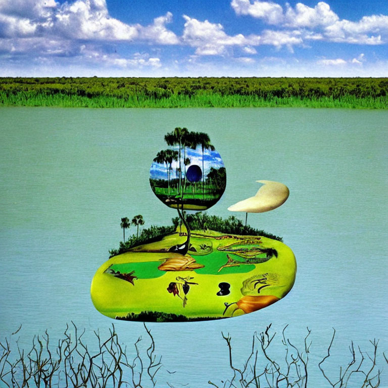 Floating Island Artwork with Diverse Wildlife and Trees in Tropical Scene
