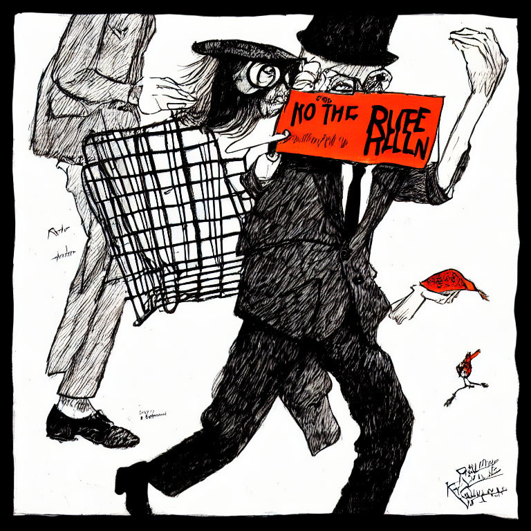 Sketch of Invisible Man masked person with sign "NO TO THE RULE", net, and mischievous