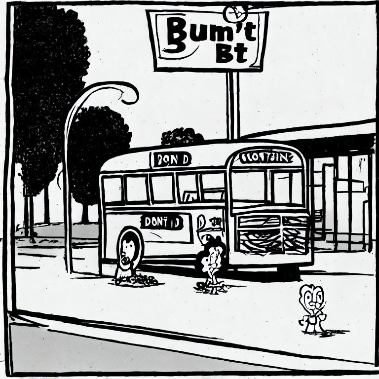 Cartoon of bus stop scene with characters, pedestrian, and labeled buses