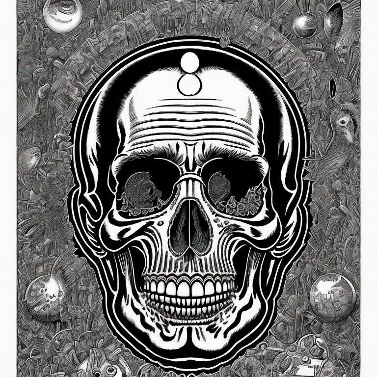 Detailed Monochromatic Human Skull Illustration with Intricate Designs