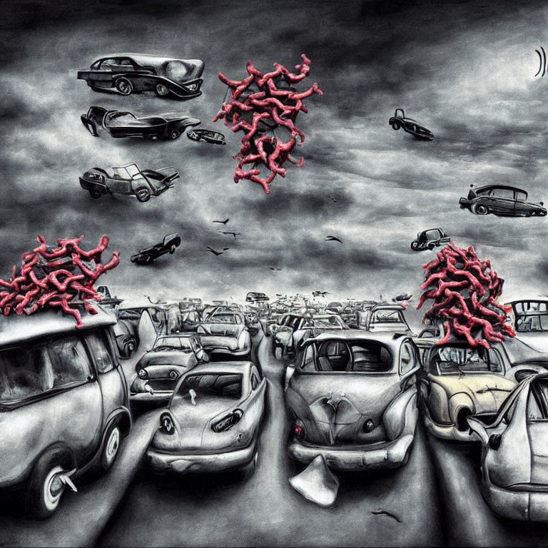 Monochromatic chaotic traffic scene with red tree-like structures and vintage cars under stormy sky