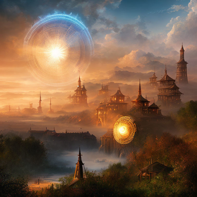 Mystical sunset landscape with glowing orbs, Asian pagodas, and lush vegetation