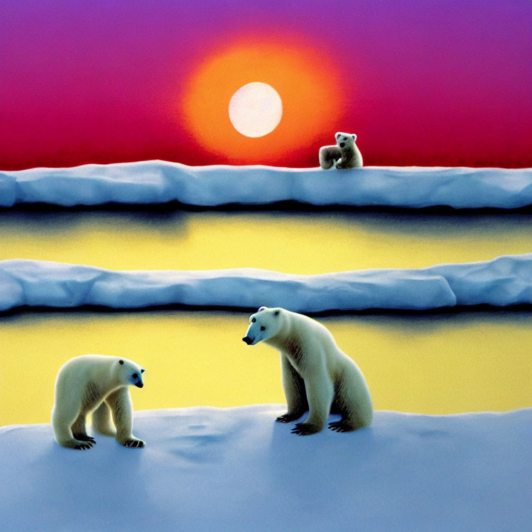 Polar bears on snowy terrain at colorful sunrise or sunset