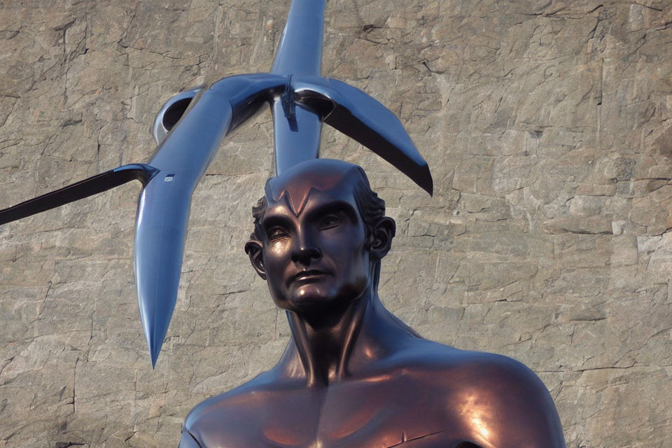 Bronze humanoid statue with propeller against textured wall