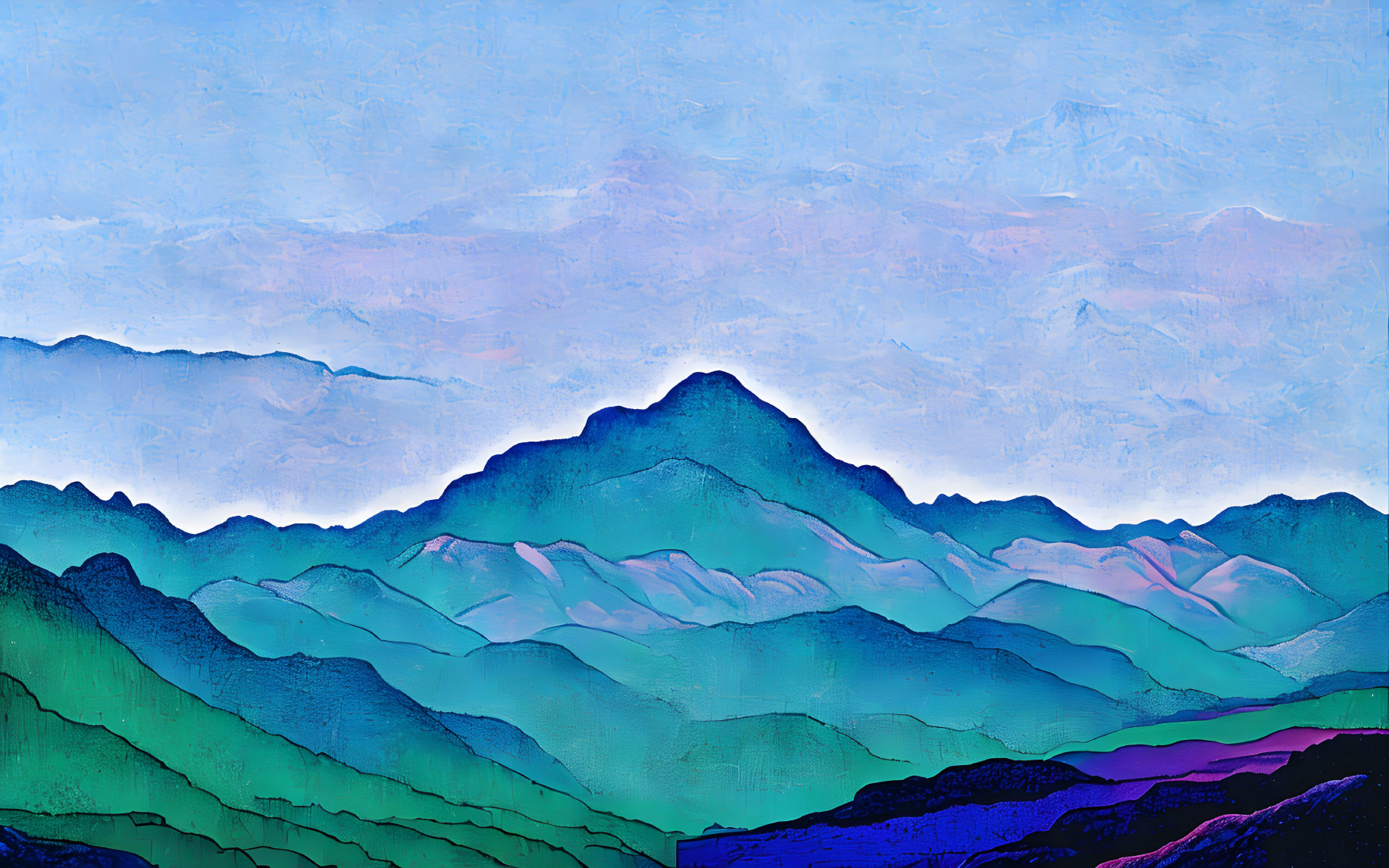 Colorful layered mountain ranges under pastel sky