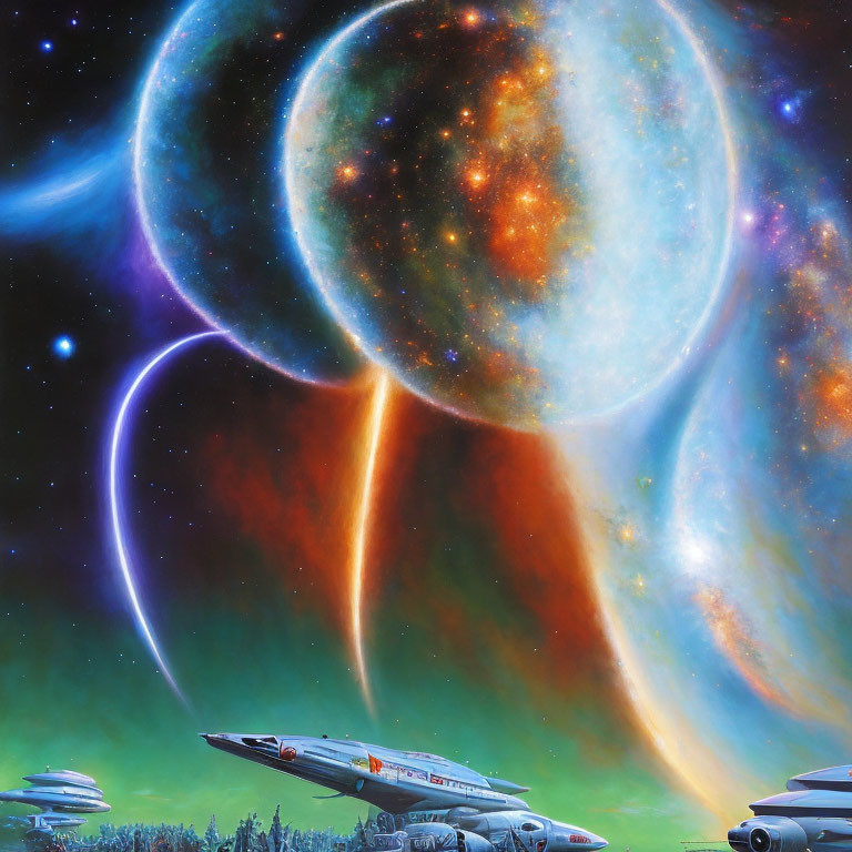 Colorful Sci-Fi Scene: Spaceships, Galaxies, Solar Flare