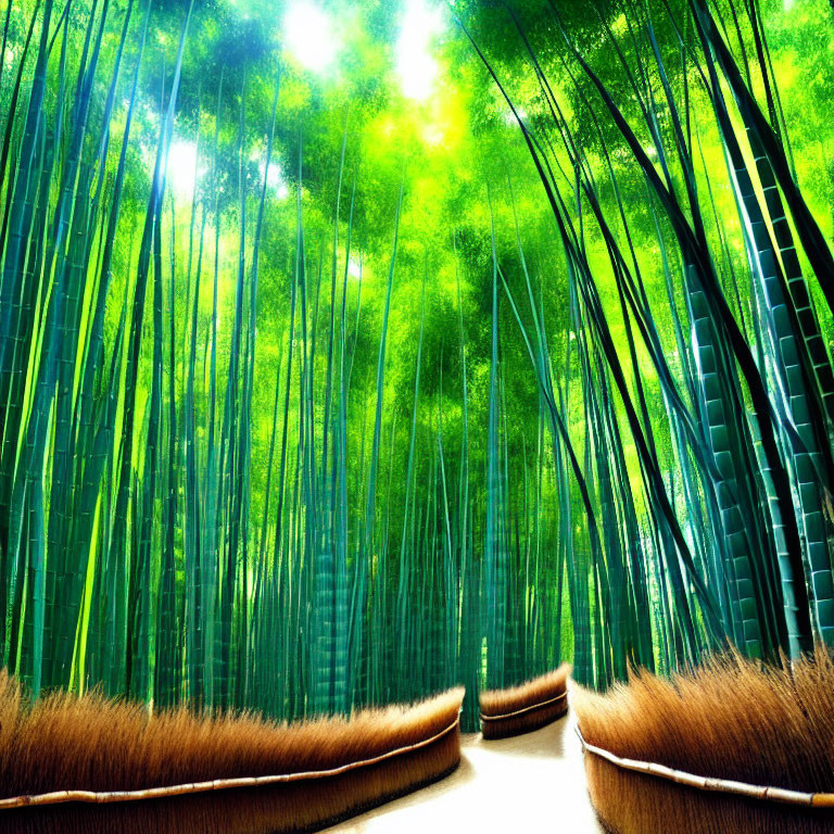 Serene Bamboo Forest with Winding Path and Sunlight Glow